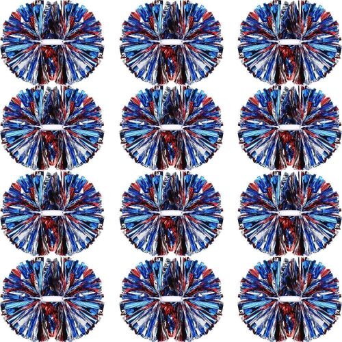 Metallic Foil Pompoms, 14", Blue Red Silver, 12 pack