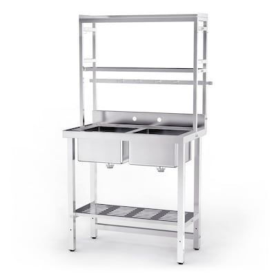 VINGLI 67-in 2-Compartment Commercial Sink with Shelves and Drying Rack Underneath