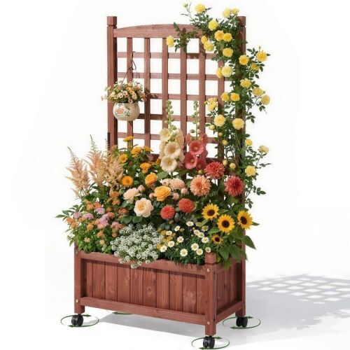 24.8in Rustic Rolling Planter with Lattice for Climbing Plants