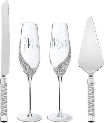 4 Pcs Wedding Cake Knife and Champagne Flutes Server Set