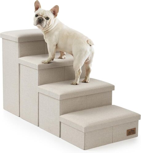 Dog Stairs with Storage, 4-Step Wider Sturdy Dog Steps for Small/Medium/Large Dogs and Older Cats, Folding Doggie Ramp for Bed/Couch/Car