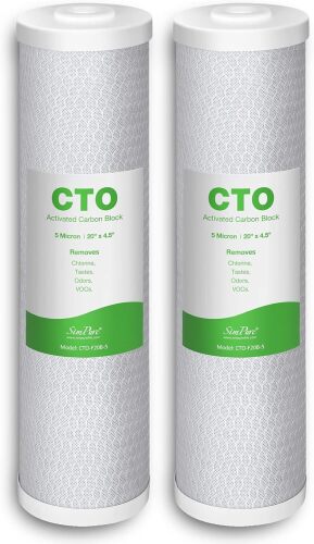 SimPure Whole House Water Filter Cartridges 5 Micron 20" x 4.5" CTO Activated Carbon Block, For DB20P, FC25B, CTO20BB, WHB20, 2 Pack
