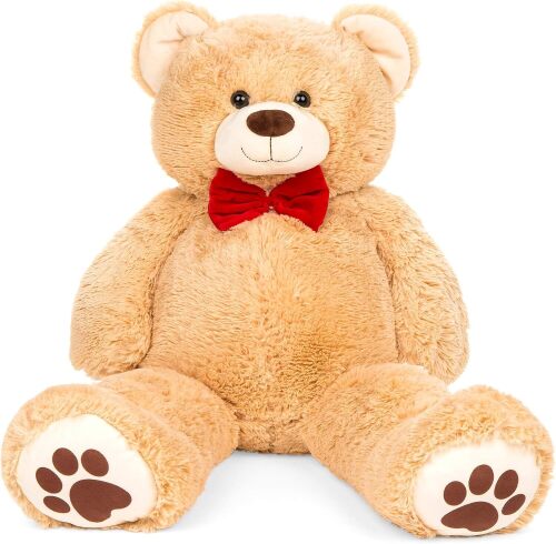 35in Giant Super Soft Plush Cuddly Teddy Bear Stuffed Animal Toy for Bedroom, Kids Playroom w/Bow Tie, Footprints - Brown