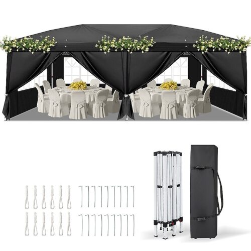 VINGLI 10x20 FT Pop Up Canopy Tent with 6 Sidewalls and Carry Bag/Outdoor Canopy Patio Event Tent Commercial Canopy Dark Black