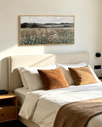 KUVIOKE Vintage Landscape Framed Wall Art 20x40in Large Meadow Sea of Flower Field Wall Prints Classic Retro Farmhouse Rustic Decorations for Living Room Bedroom (Natural Framed)