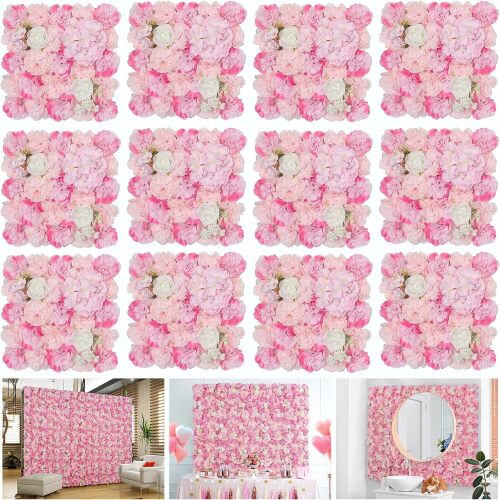 Flower Wall Backdrop 12-Pack 16.5x16.5 Inch Artificial Rose Silk Flowers Panels-Floral Wall Panel Wedding Photo Backdrop Photography Backdrop Event Party Decoration-Pink