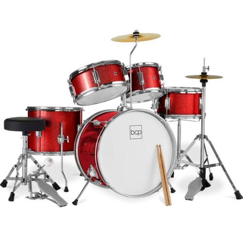 5-Piece Kids Beginner Junior Drum Set, Percussion Instrument Starter Kit w/ Stool - Red Sparkle