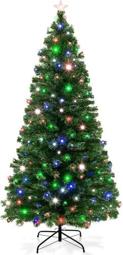 6ft Pre-Lit Fiber Optic Artificial Pine Christmas Tree, Holiday Décor Centerpiece w/ 230 Multicolored LED Lights, 8 Sequences, Foldable Stand