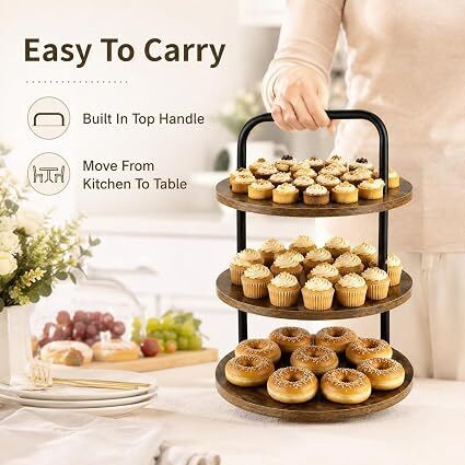 3-Tier Wood Serving Stand, 50 Cupcakes Round Tiered Display Tray with Handle, Sturdy Desktop Cake Stand for Kitchen Counter, Party Decoration, Living Room Storage, 11.8 x 18 in