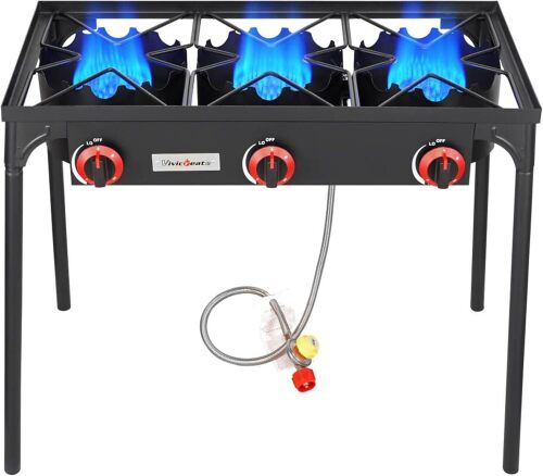 3 Burner High pressure Propane Stove, 28 Inch Tall Camping Stove with cast iron burner 105000 BTU power, Stable Legs for Outdoor Use