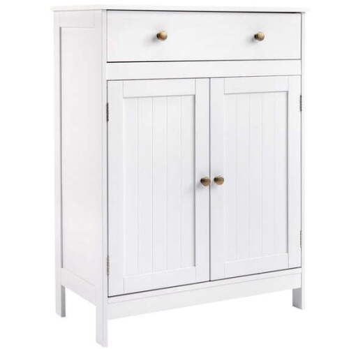 Bathroom Floor Cabinet, Freestanding Storage Cupboard w/ Drawer and 2 Doors, MDF White