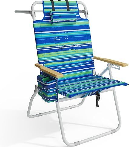 Tall Beach Chairs for Adults, 17" High Backpack Beach Chair with Wooden Armrests, 5 Positions Reclining Heavy Duty Chair with Large Cooler Pouch, Support to 350LBS Striped Blue&Green,1pack