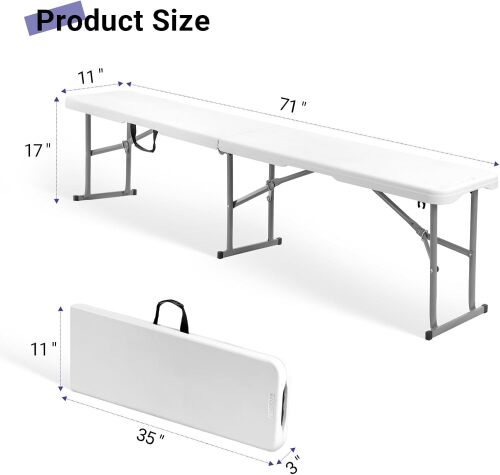 6 Foot Folding Bench, Portable HDPE Plastic Bench Seat with Carry Handle, Powder-Coated Steel Legs, Foldable Picnic Party Camping Dining Bench, White