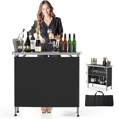 VINGLI 39-in 3-tier Shelves Black Portable Bar Table for Events Party Camping Picnic Tradeshow Indoor with Black Skirt