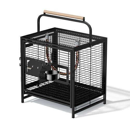 Black Metal Portable Travel Bird Cage with Wooden Carry Handle, Small Parrot Carrier Cage with 2 Stainless Steel Feeder Bowls