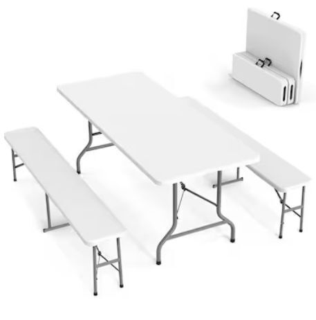 VINGLI 3 Piece White Folding Picnic Table Set with 2 Pack Benches 1 Pack 6-feet Camping Table for Indoor or Outdoor Use