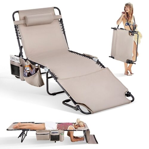 VINGLI Oversized Tanning Chair with Face Hole and Carrying Bag/Beach Lounge Chair with 475LBS Capacity Beige