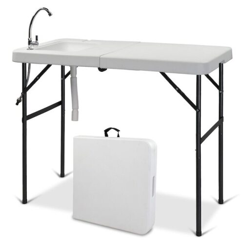 VINGLI 45D x 23W x 37H Fold in Half Folding Fish Cleaning Table with Sink/Bi-Folding Outdoor Portable Camping Game Sink Table/Fish Fillet Cutting Table with Drainage Hose for Patio Backyard BBQ