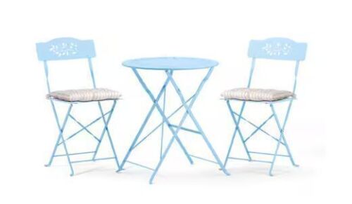 Light Blue 3-Piece Metal Hollow Pattern Outdoor Bistro Set Folding Table and Chairs with Cushions