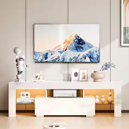 67 in. White TV Stand Fits TV's up to 65/70/75/85 in. with LED Lights