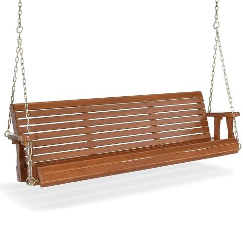 VINGLI 5 FT Upgraded 3-Seater Brown Wooden Porch Swing with Hanging Chains for Courtyard and Garden