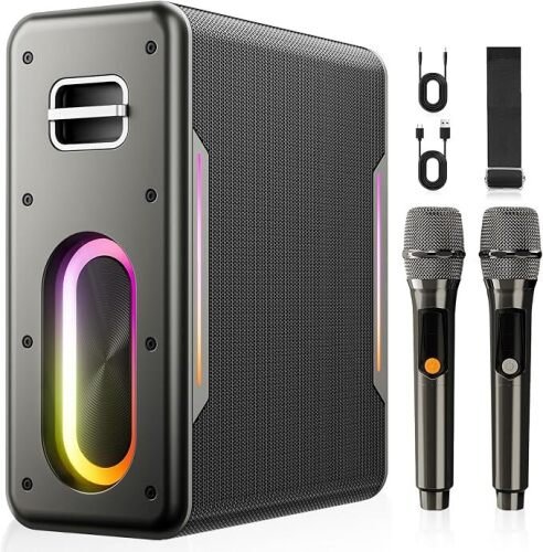 Karaoke Machine with 2 Wireless Microphones, Portable Bluetooth Karaoke Speaker for Adults, 2 Voice Mode & LED Party Lights, Party Birthday Gifts for Kids Family,Supports BT/TWS/AUX/USB/TF
