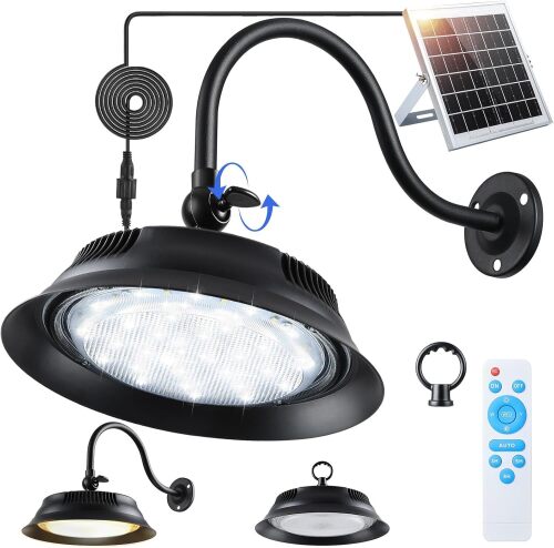Solar Barn Light Outdoor with Remote, Adjustable 3 Color Temperatures, 2 Brightness Levels, Timer, IP65 Waterproof Dual Mount Solar Shed Lighting for Garage, Yard, Chicken Coop