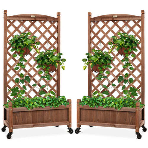 Set of 2 Wood Planter Box & Lattice Trellis w/ Optional Wheels - 48in
