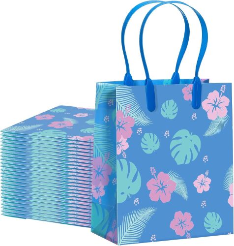 Sadnyy 24 Pcs Cute Cartoon Blue Pink Hibiscus Gift Bags Hawaii Party Favors Goodie Bags with Handles Palm Leaves for Hawaiian Summer Party Birthday Baby Shower Supplies Pool Parties
