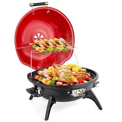 ROVSUN 1600W Electric Grill with Lid and Detachable Pull-out Drip Tray/304 Stainless Steel Grill with Double Layer Design/Portable BBQ Grill Red and Black