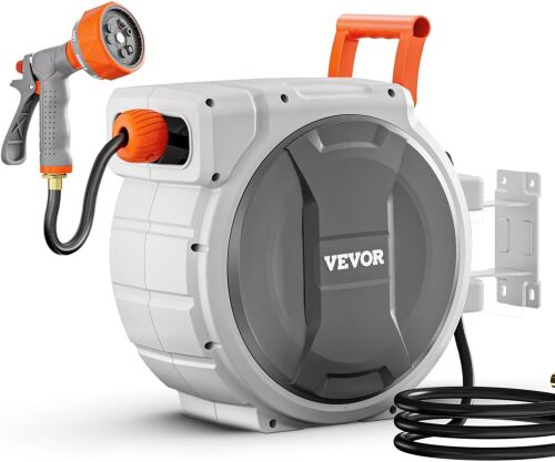 VEVOR Retractable Garden Hose Reel, 1/2 Inch x 145 ft Wall Mounted Hose Reel, Heavy Duty Garden Hose Reel with 9 Patterns Nozzle, Any Length Lock, Upgraded Slow Return System and 180°Swivel Bracket | Heavy Duty Garden Tool with 9 Patterns Nozzle, Any Le