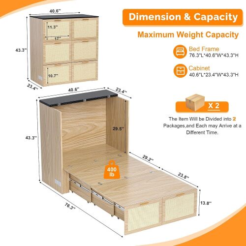 VINGLI Queen Size Rattan Murphy Bed with Storage Drawer