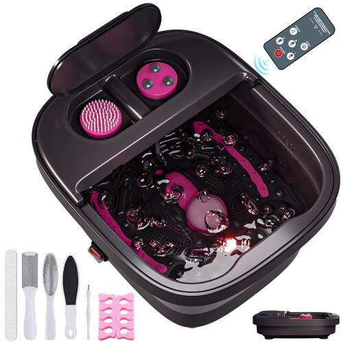 Collapsible Foot Bath, Foot Spa Bath Massager with Heat, Bubble, Remote Control, Temperature Control, 3 Pedicure Attachments, Feet Soaking Tub for Stress Relief