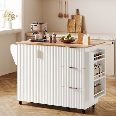 VINGLI 53W x 36H Fluted Kitchen Island Cart on Wheels with 2-Doors 3-Drawers