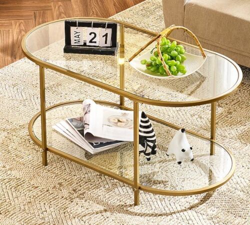 VINGLI 38W x 18H Oval Coffee Table with 2-Tier Glass Shelf