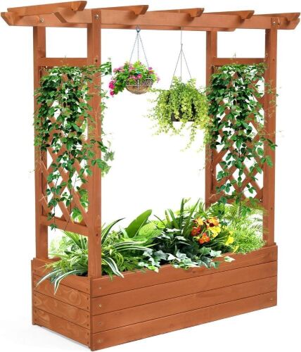 VINGLI Raised Garden Bed with Trellis & Hanging Roof