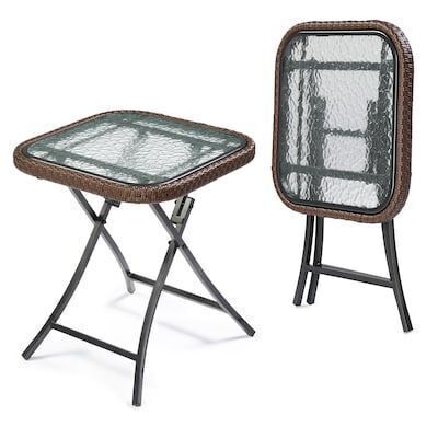 VINGLI 18-in Rectangular Modern Brown Rattan Folding Glass Outdoor Side Table with Tempered Glass Top