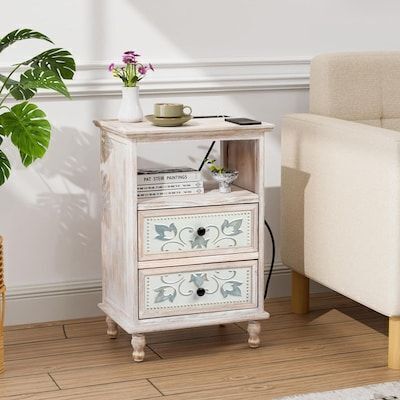 Washed White Nightstand 2 Drawers Shelf USB 19.7x14.2x28.7 Inch