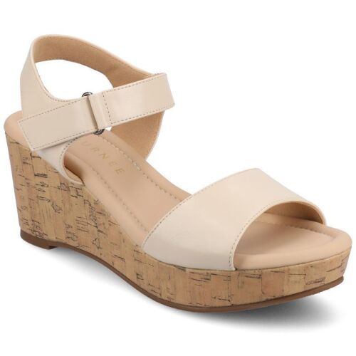 Journee Women's Ranae Platform Wedge Sandals, Bone, 10