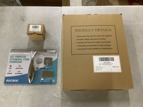 Stainless Steel Squeegee, Suction Cup Towel Hooks & Collapsible File Boxes