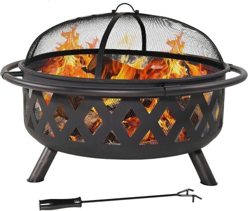 Sunnydaze 36" Crossweave Metal Fire Pit with Spark Screen, Poker, & Cover