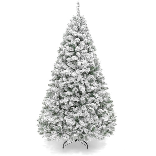 Premium Snow Flocked Artificial Pine Christmas Tree w/ Foldable Metal Base - 7.5ft - Lot 600