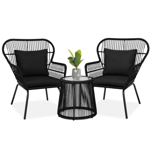 3-Piece Patio Wicker Conversation Bistro Set w/ 2 Chairs, Glass Top Table - Lot 629