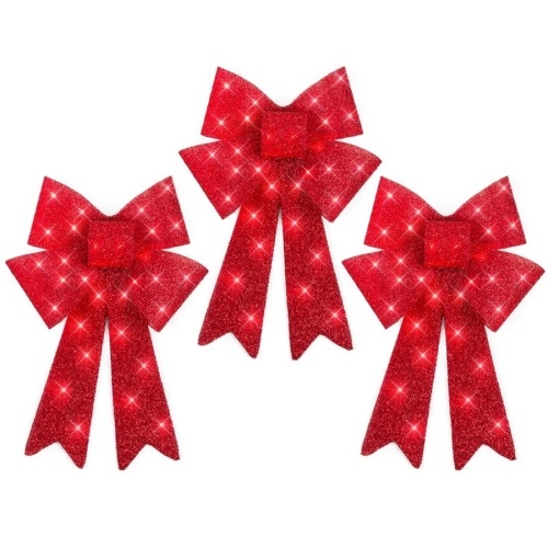 Set of 3 Pre-Lit Christmas Bow Decoration, LED Holiday Decor w/ 8 Functions - Lot 768