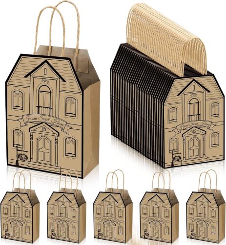 Colarr 50 Pcs House Shaped Gift Bag Real Estate Agent Supplies Real Estate Gift Treat Bag with Handles Kraft for Shopping Business Wedding Baby Shower Birthday Housewarming Home Party Favor(Brown)