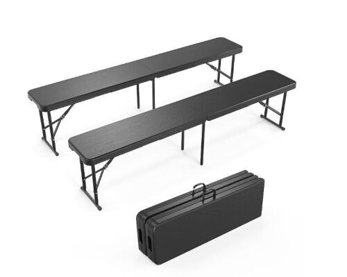 VINGLI 2-pcs 6-feet Black Plastic Folding Bench for Outdoor Multipurpose Entertaining Activities
