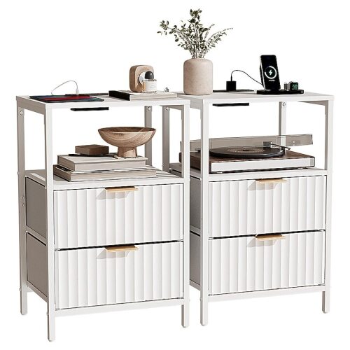 VINGLI 15W x 23.7H 2-PCs Fluted Nightstand with 2 Drawers 1 Shelf and Charging Station White for Bedroom/Livingroom/College Dorm