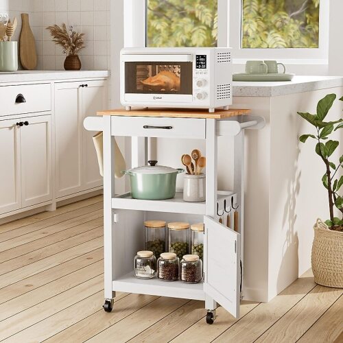 VINGLI Microwave Cart with 1-Drawer 2-Shelves and Hooks/Small Kitchen Island on Wheels White