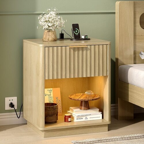 VINGLI 8.9W x 15D x 22.4H LED Rounded Edge Flutted Nightstand with Charging Station Oak