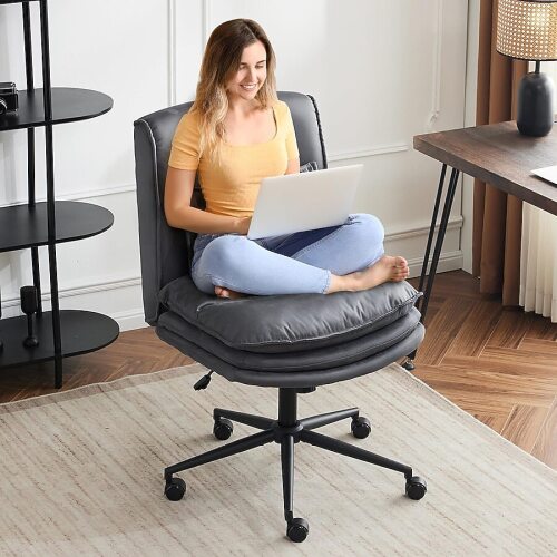 VINGLI Cloud Criss Cross Legged Chair Microfiber with High Back and Wheels for Makeup Room Living Room Office Grey
